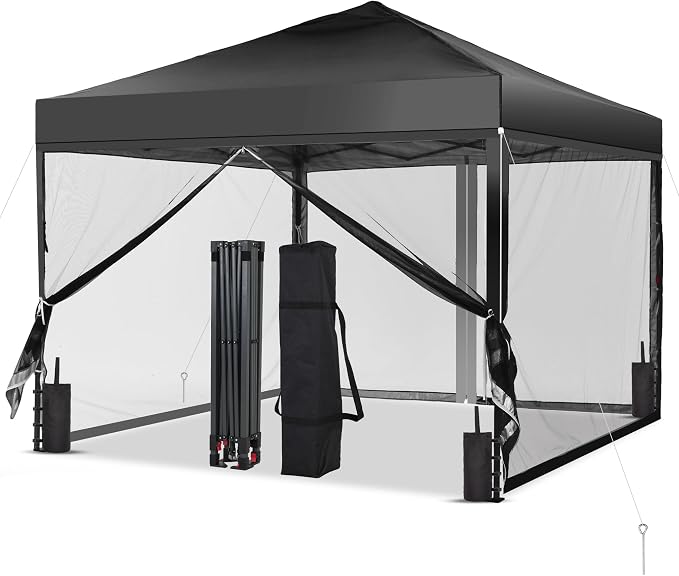 GDY 10x10 Pop up Canopy Tent with Mosquito Netting, Easy up Gazebo for Patio, Camping and Garden, Includes 4 Sandbags, Black