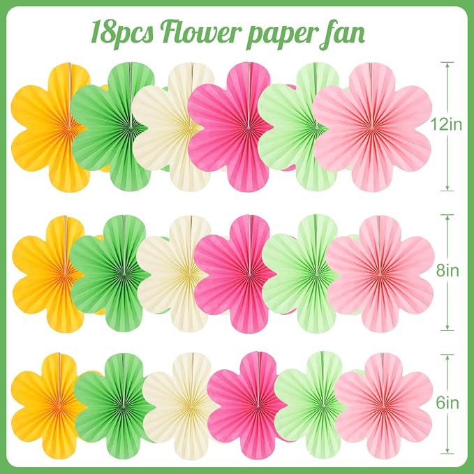 DODOKIM Paper Fans Party Decorations Paper Flowers Decorations for Wall Floral Backdrop Classroom Baby Shower Birthday Party Flower Wall Decor Pack of 18 Pink Green Yellow
