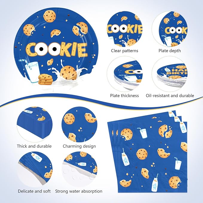 170Pcs Milk and Cookies Birthday Party Decorations Blue Chocolate Chip Milk Cookie Theme Plates Napkins Cups Forks Knives Spoons Tablecloths for Kids Birthday Baby Shower Party Supplies Serves 24