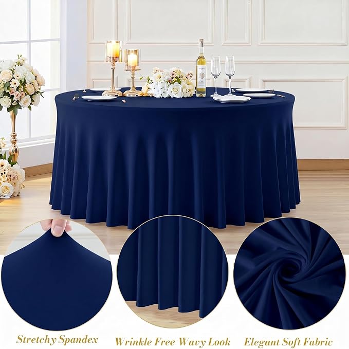 10 Pack Navy Blue Round Spandex Tablecloths for 60in Tables, 120 Inch Stretch Fitted Table Skirts, Wrinkle-Free Washable Polyester Covers for Wedding, Banquet & Party