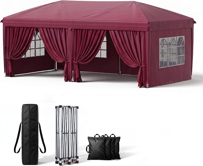 KIGOTY 10x20 FT Portable Pop Up Canopy Tent, Adjustable Height Instant Gazebo with Sidewalls, Sandbags, Waterproof Outdoor Canopy for Camping, Parties, Vendor Events (RED, 3m × 6m with sidewalls)