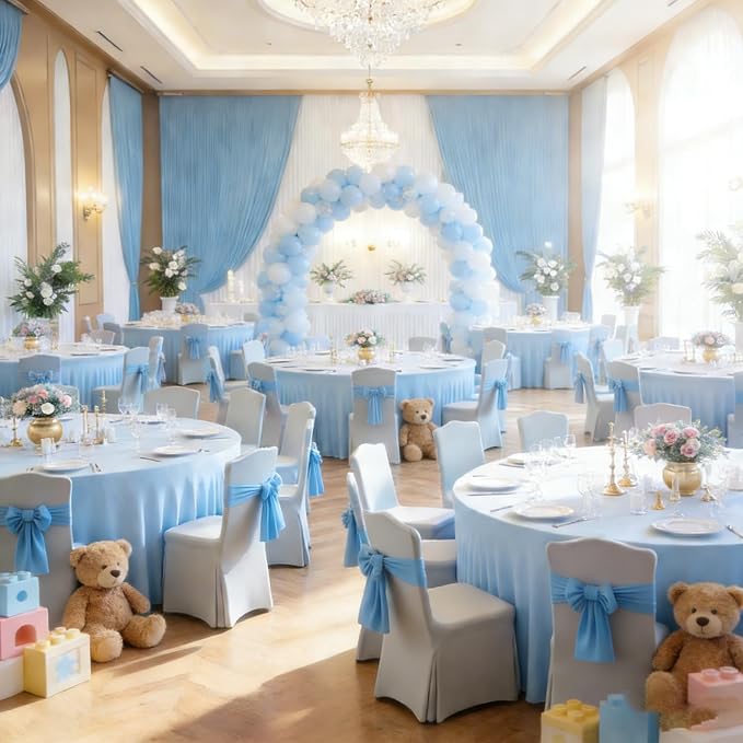 5FT Baby Blue Round Spandex Tablecloth 8 Pack Stretch Fitted Table Cover for 60 Inch Round Table, Wrinkle Free Elastic Tablecloth for Wedding Baby Shower Birthday Party Event Decor