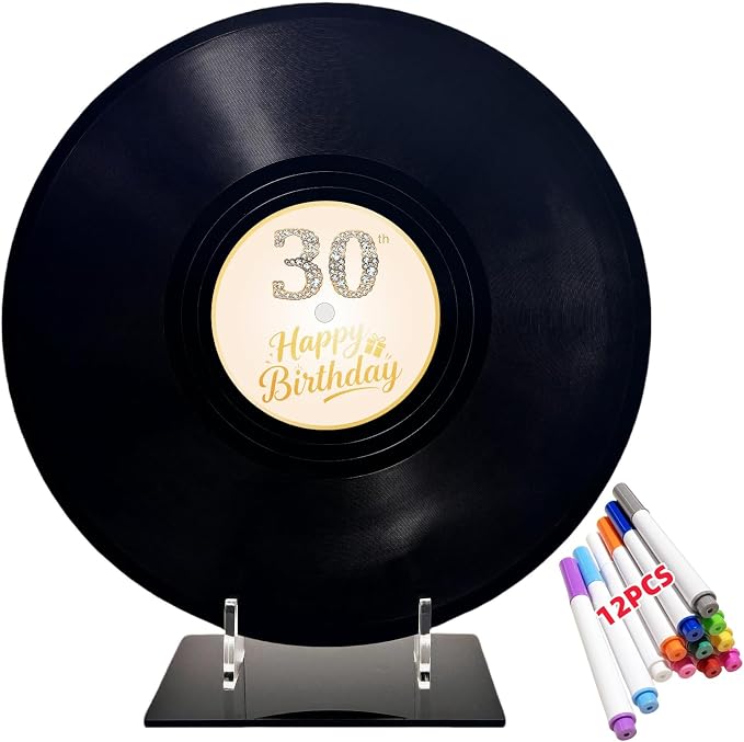 ReeGii Vinyl Record Guest Book for Birthday Decorations - Large 11.6"x11.6" Birthday Party Sign Poster with 12 Pens,Unique Keepsake Gift for Friends and Family