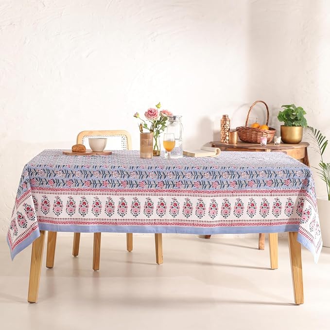 Hand Block Printed Tablecloth – Colorful Floral Print | 100% Cotton | Indian Artisan Handmade Art | Dining Room, Kitchen, Outdoor Décor, (Gray Petal Glow, 6 Seater 72 Inches Round)