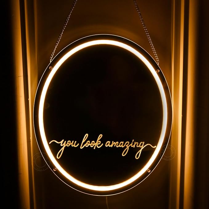 SYLHOME Mirror Led Neon Light Sign You Look Amazing Bedroom Girls Room Dresser Wall Sign Decor Birthday Party Christmas Gifts 13.78" X 11.81" USB Warm White