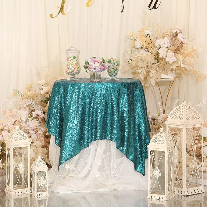 Eternal Beauty Teal Tablecloth, 50x50 Inch Sequin Square Table Cover for Cake Dessert Exhibition Party Birthday Events