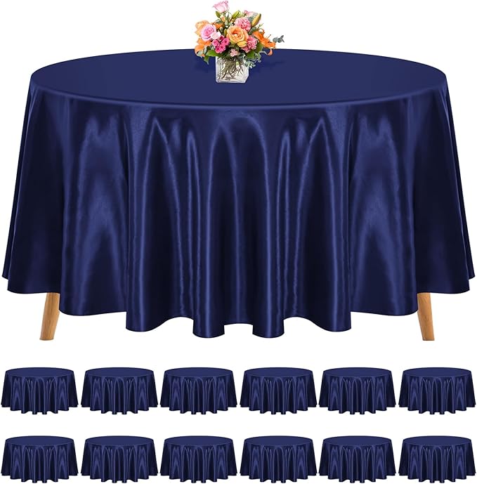 12 Pack 108 Inch Round Tablecloth, Navy Blue Satin Fabric Tablecloth for Round Tables, Wrinkle Resistant Washable Table Cover Bright Silk Table Clothes for Wedding Party Dining Tables Banquet