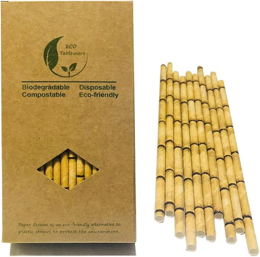 Disposable Yellow Bamboo Paper Drinking Straws, 100 Counts Biodegrabale Yellow Bamboo Printed Straw for Party Cocktail Decoration