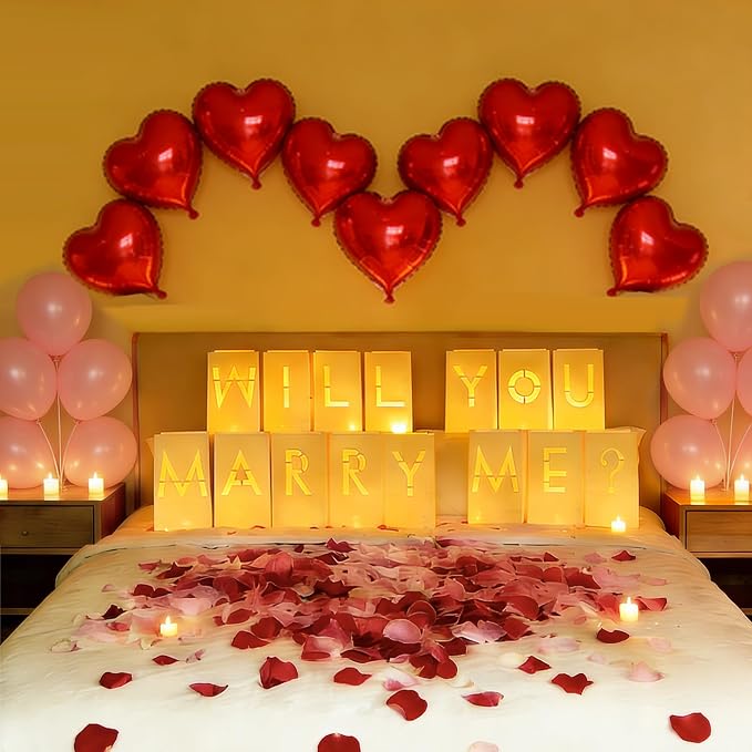 Will You Marry Me Light Up Letters Proposal Decorations with Luminary Paper Bags,Led Tea Candles,Rose Petals and Heart Balloons for Romantic Night,Valentines Day,Engagement Party,Proposals