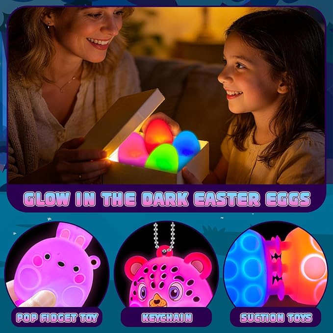ChildFun Prefilled Easter Eggs with Light Up 3D Animal Pop Toys, 24 Pack Easter Eggs Filled, Easter Basket Stuffers for Toddler Eggs Hunt, Glow in The Dark Easter Egg, Easter Gifts for Kids
