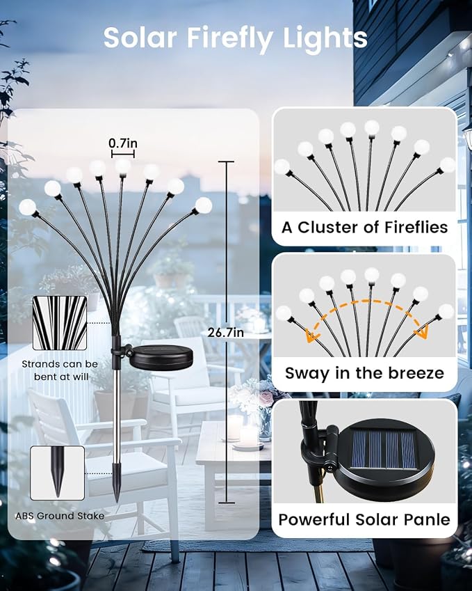 OZS 4 Pack Total 32 LED Solar Garden Lights Fairy Outdoor - Solar Firefly Lights Outdoor, Sway by Wind, Waterproof for Garden Patio Pathway Fairy Decoration (Cool White)
