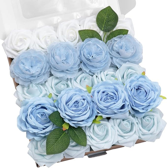 TINGE TIME Rose Artificial Flowers Combo, 23pcs Light Blue Gradient Fake Flowers with Stems for DIY Wedding Bouquets Table Centerpieces Baby Shower Home Party Floral Arrangements Decorations
