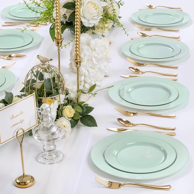 FLOWERCAT 60PCS Sage Green Plates - Heavy Duty Plastic Plates Disposable for Spring Party - Include 30PCS 10.25inch Sage Green Dinner Plates and 30PCS 7.5inch Dessert Plates