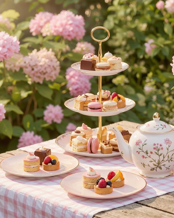 bUCLA 100PCS Pink Plastic Plates - Pink Disposable with Gold Rim - Include 50 Each (10 inch Dinner & 7 inch Dessert) Plates, Ideal for Party, Wedding & Birthday