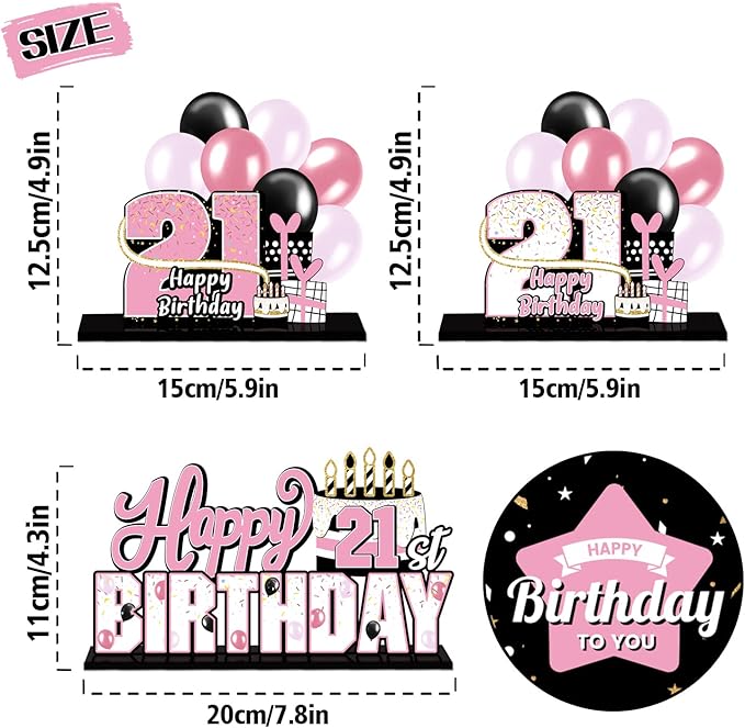LINGTEER Happy 21st Birthday Pink Acrylic Table Topper Centerpieces Set - Cheers to 21 Years Old Birthday 21st Bday Party Gift Decorations.