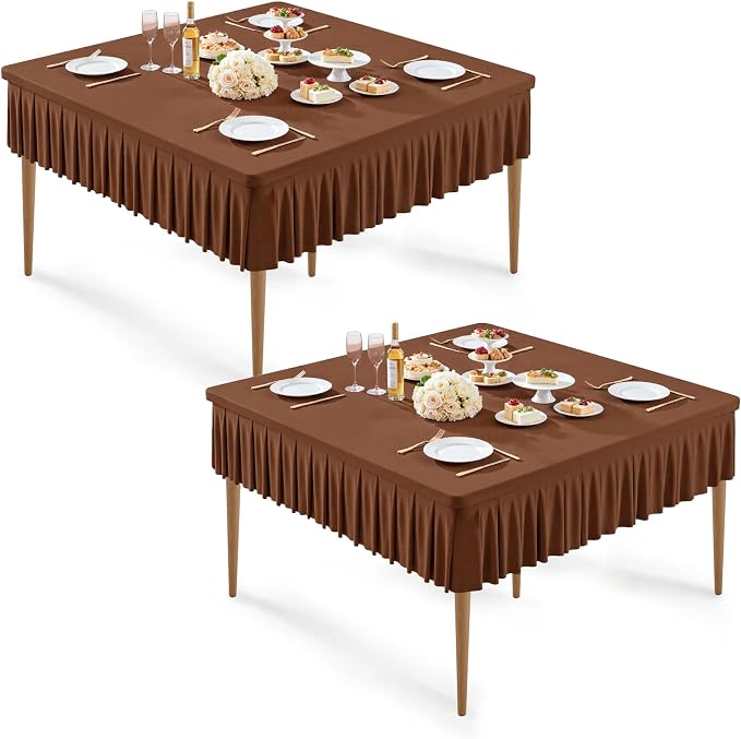 Wish Care 2 Pack Brown Spandex Tablecloths for 48x48 Inch Square Tables, Stretch Fitted Table Clothes with Pleated Ruffle Skirt for 48” Table, Wrinkle Free and Elastic, for Party Kitchen Home Dining