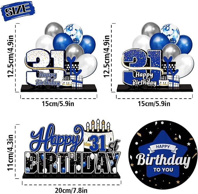 LINGTEER Happy 31st Birthday Blue Acrylic Table Topper Centerpieces Set - Cheers to 31 Years Old Birthday 31st Bday Party Gift Decorations.