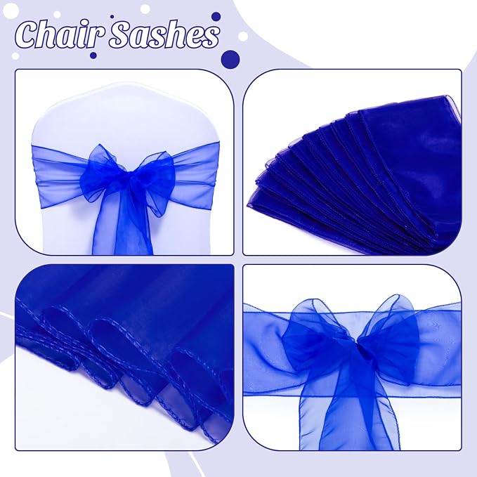 MDS® Pack of 25 Organza Chair Sashes for Wedding Decoration, Reusable Sheer Chair Bows for Banquet Chair Cover, Reception, Bridal Shower, Baby Shower, Birthday Party & Special Events - Royal Blue
