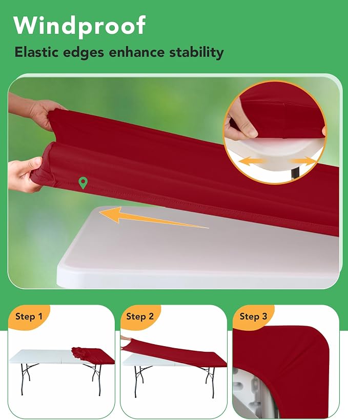 KeyWave Fitted Tablecloth Rectangle Table Cloths - 6 Pack 8 Foot Elastic Stretch Folding Table Top Cover Water-Resistant Reusable for Outdoor Picnic Camping Party Event, Red, 96" L x 30" W