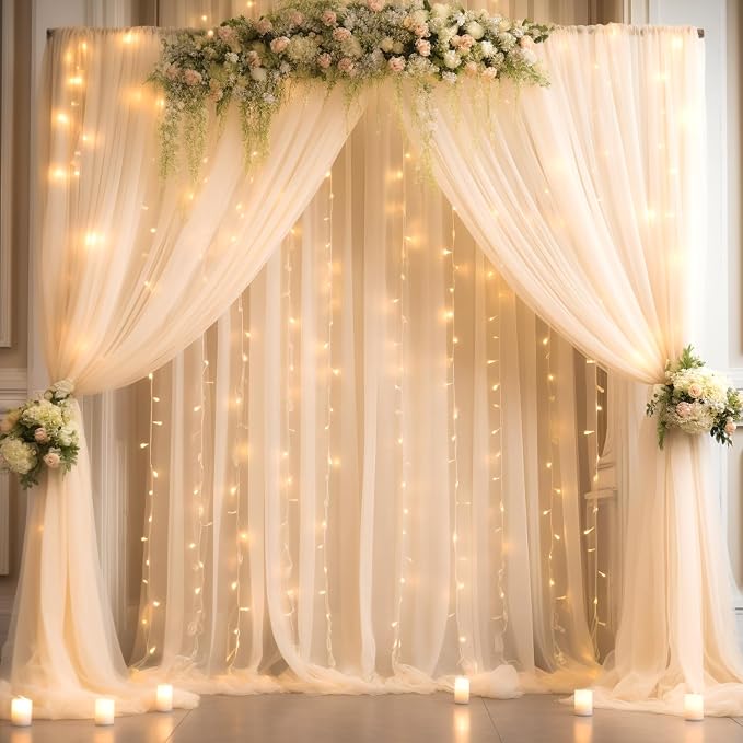 30x8ft Champagne Tulle Backdrop Curtain with Lights String for Parites, Sheer Backdrop Curtains for Wedding Baby Shower Birthday Party Photo Shoot Decorations