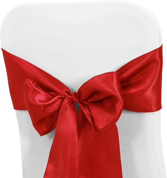 Obstal 50 PCS Red Satin Chair Sashes Bows for Wedding Reception- Universal Chair Cover Back Tie Supplies for Banquet, Party, Hotel Holiday Event Decorations