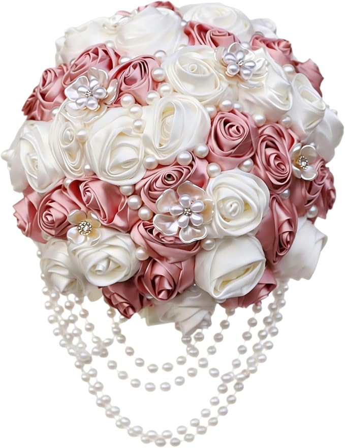 Pink Wedding Bouquet with Brooch Pearl String Cascade Bouquet for Bride Bridesmaid Quinceanera Artificial Satin Rose Flower Bridal Bouquet Wedding Blush Pink and Ivory 6.3in