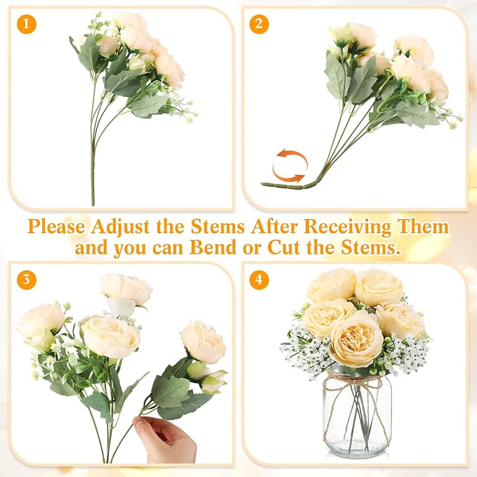 Zeyune 12 Sets Mason Jar Centerpiece Table Decorations, Artificial Peony Baby's Breath Flower Bouquets, Faux Flowers with Vase, Rustic Decor Gifts for Home, Wedding, Holiday (Champagne)