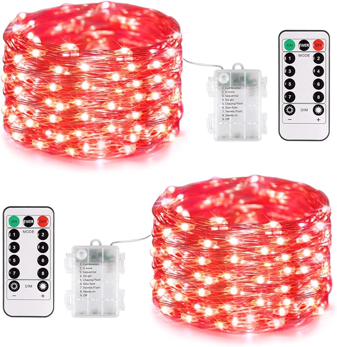 JMEXSUSS 2 Pack Red Fairy Lights Battery Operated, Total 200 LED 66ft Halloween String Lights with Remote, Red Lights for Bedroom Wreath Mantle Tree Fence Indoor Outdoor Fall Xmas Halloween Decor