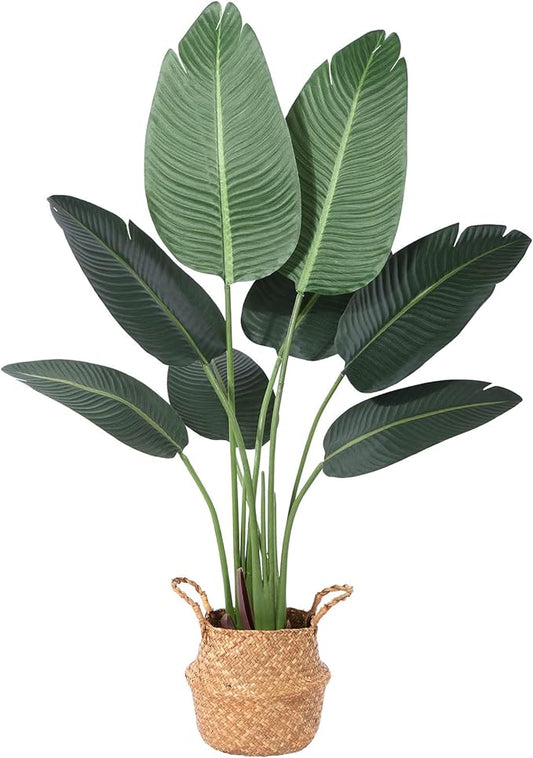 Ferrgoal Artificial Plants 4FT Artificial Bird of Paradise Plant in Pot, Tall Fake Tree with Woven Basket, Realistic Faux Palm Tree 8 Trunks Silk Plants for Modern Home Décor Indoor Outdoor Office