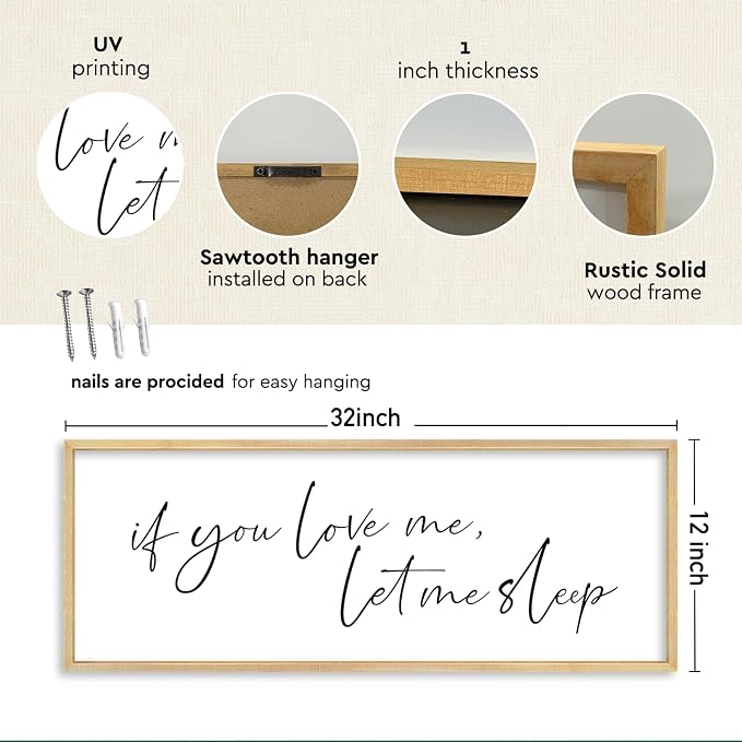 YWJKWLGS If You Love Me Let Me Sleep Bedroom Wall Art Above Bed | 32x12 Inch Rustic Natural Wood Framed Funny Sleep Sign Wall Decor for Master Room Over Bed, Sleep Lovers Her Him