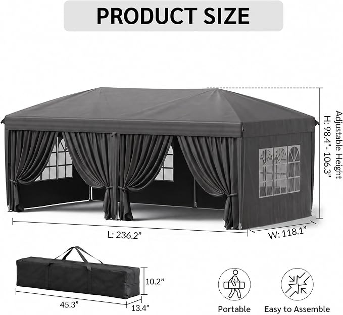 KIGOTY 10x20 FT Portable Pop Up Canopy Tent, Adjustable Height Instant Gazebo with Sidewalls,Sandbags, Waterproof Outdoor Canopy for Camping, Parties, Vendor Events (Grey, 3m × 6m with sidewalls)