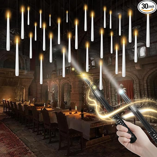 kakoya Flameless Floating Candles with Wand，30 Pcs Magic LED Hanging Taper Candles，Flickering Battery Operated Taper Candle with Wand Remote for Halloween Decorations Best Gift（White）