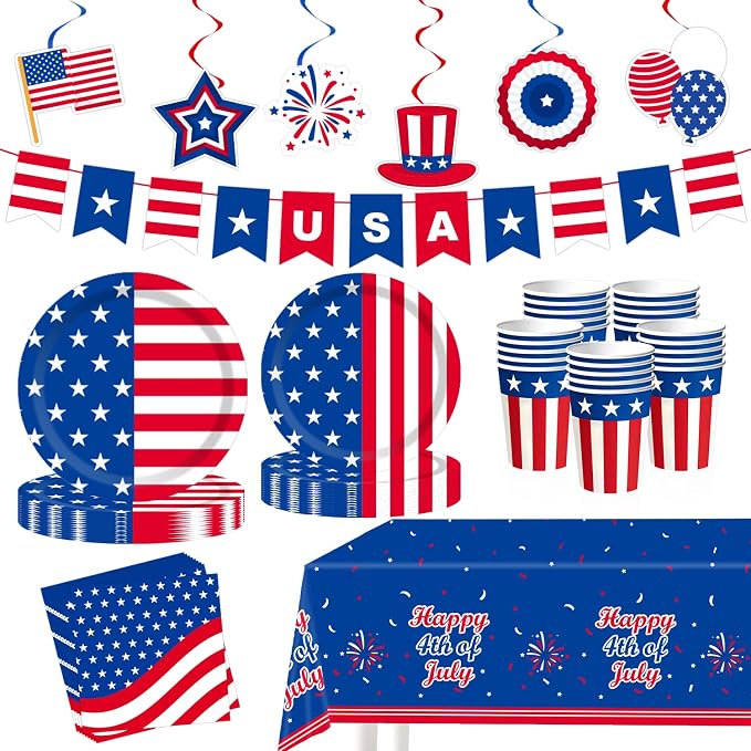 4th Fourth of July Party Supplies Favors for 250th Anniversary, Patriotic Red White Blue Plates,Napkins,Cups,Tablecloth,Hanging Decorations for 25 Guests, USA Accessories for Memorial Independence Day