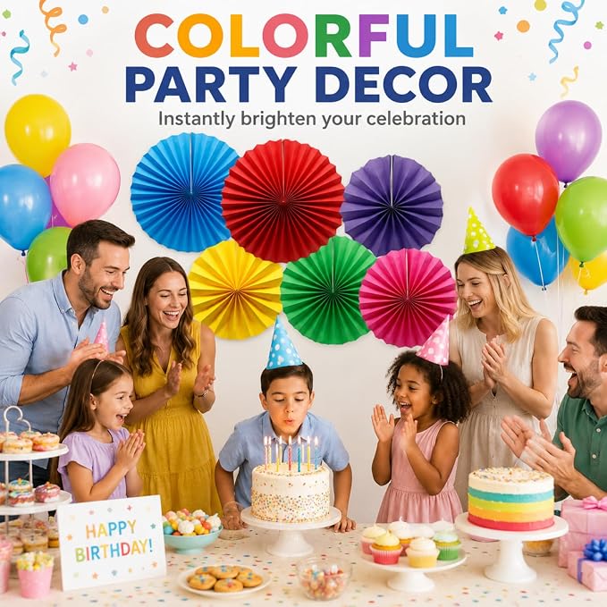 6 Pack Colorful Hanging Paper Fans, Round Pattern Paper Garlands Vibrant Fiesta Pinwheels for Birthday, Back to School Classroom Decor, Baby Shower, Graduation, Wedding Holiday Celebrations