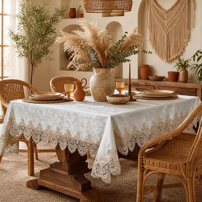ARTABLE Lace Table Cloth Rectangle Bohemian Style Decor Macrame Tablecloth for Outdoor Farmhouse Rustic Shabby Chic Lace Table Linen Kitchen Party Birthday Picnic (Light Brown, 60 x 120 Inch)