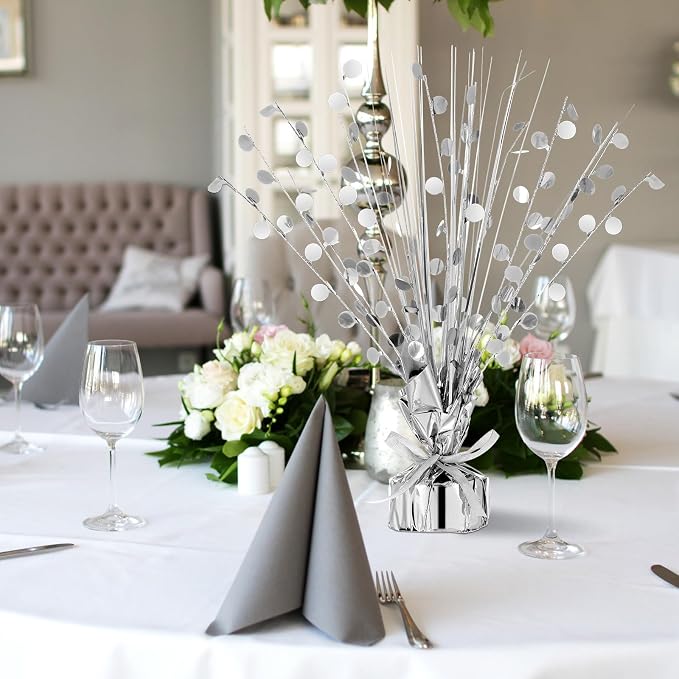 Crowye 6 Pcs Silver Metallic Foil Spray Centerpiece Table Decoration Silver Round Spray Centerpiece for Party Table Decor for Holiday Birthday Party