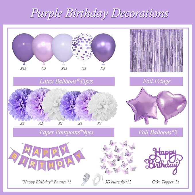 Purple Birthday Decorations, Happy Birthday Party Decorations with Happy Birthday Banner Butterfly Purple Balloons Pom Poms Foil Fringe Curtain for Party Birthday Decor