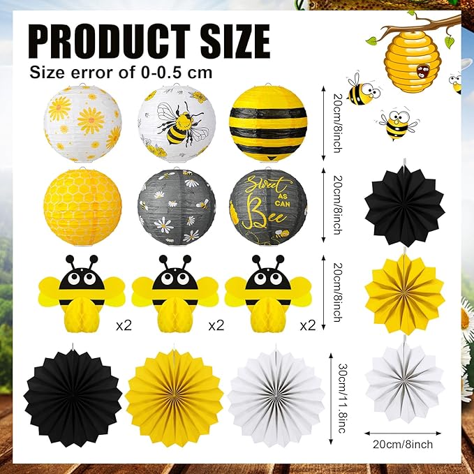 Retisee 18 Pcs Bee Honey Party Decoration.Yellow White Hanging Paper Lantern Bee Honeycomb Fans Honeycomb Ball for Honey Birthday Party Ceiling Decor Supplies