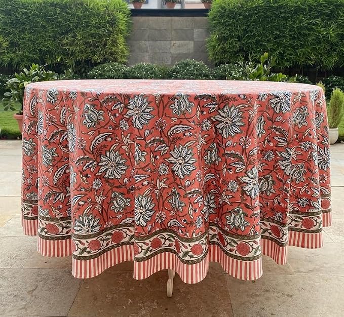 Ridhi Round Tablecloth Hand Block Print 100% Cotton Reusable Peach and Berry Blue 132 Inch Table Cover Decorative Everyday Use for Dining, Home, Farmhouse Gift for Spring, Mother's Day