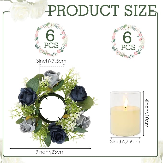 Blue Rose Candle Rings with Flameless Candles Sets - 12PCS Artificial Flower Eucalyptus Wedding Centerpiece 3 Inch Pillar Candleholders Wreaths for Wedding Party Decor (Dusty Blue &Silver Rose)