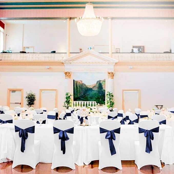 Pesonlook 60 PCS Navy Blue Satin Chair Sashes Bows Satin Chair Sashes Universal Chair Cover for Wedding Reception Restaurant Event Decoration Banquet,Party,Hotel Event Decorations (7 x 108 inch)