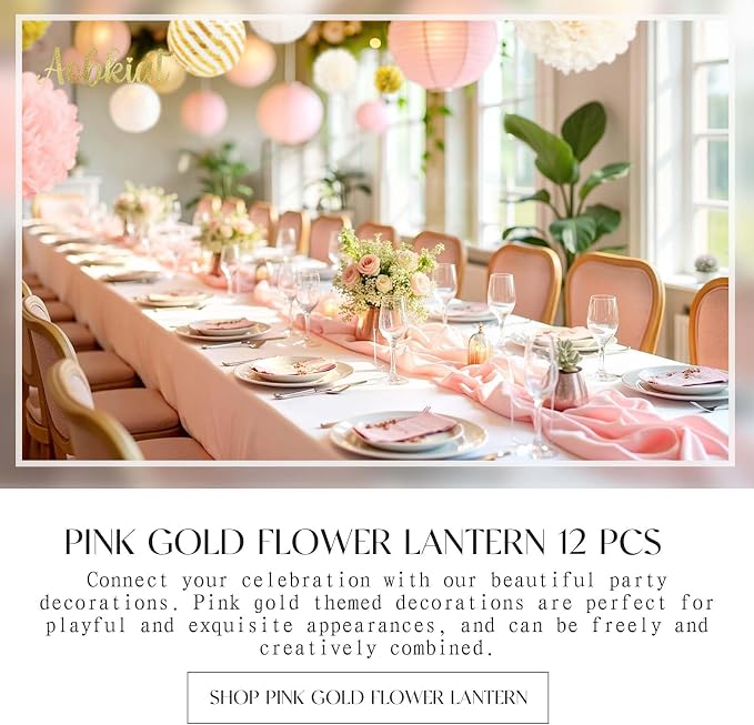 AOBKIAT Birthday Party Decorations Set for Girls Women,12PCS Pink Gold Tissue Paper Pom Poms Lanterns Flowers,for Engagement,Wedding,Baby Shower,Bridal Shower,Girl Party