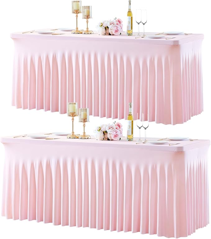 2 Pack Spandex Pink Fitted Table Cloth for 6ft Rectangle Tables Pink Stretch Tablecloth Table Covers Skirt Banquet Tablecloths Wrinkle Free Tablecloth for Parties Wedding