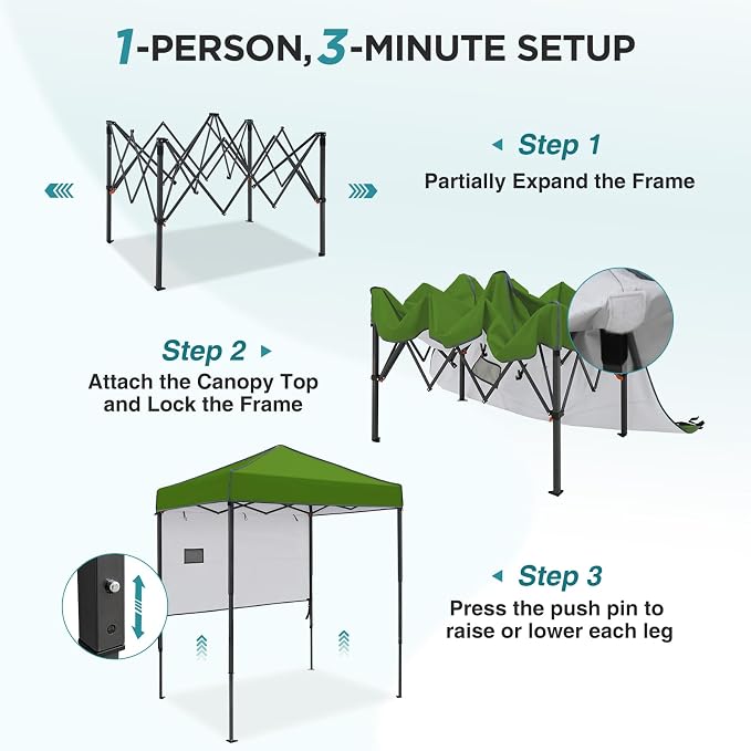 EAGLE PEAK 6x4 Instant Pop Up Canopy Tent with 1 Half Wall Panel, Straight Leg Sun Shelter, Portable Canopy with Carry Bag for Camping, Beach & Sports, Grass Green