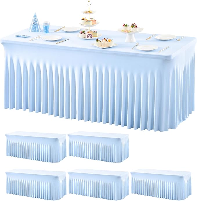 Wish Care 6 Pack Baby Blue Stretch Spandex Table Clothes for 4 Foot Rectangle Tables, 4FT Wrinkle Free Fitted Tablecloths Ruffles Design Table Cover for Party, Banquet, Wedding and Events