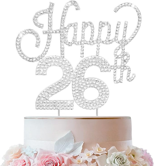 LINGTEER Happy 26th Birthday Silver Rhinestone Cake Topper - Cheers to 26th Birthday 26 Years Old Anniversary Party Cake Centerpieces Topper Decorations Gift Sign.
