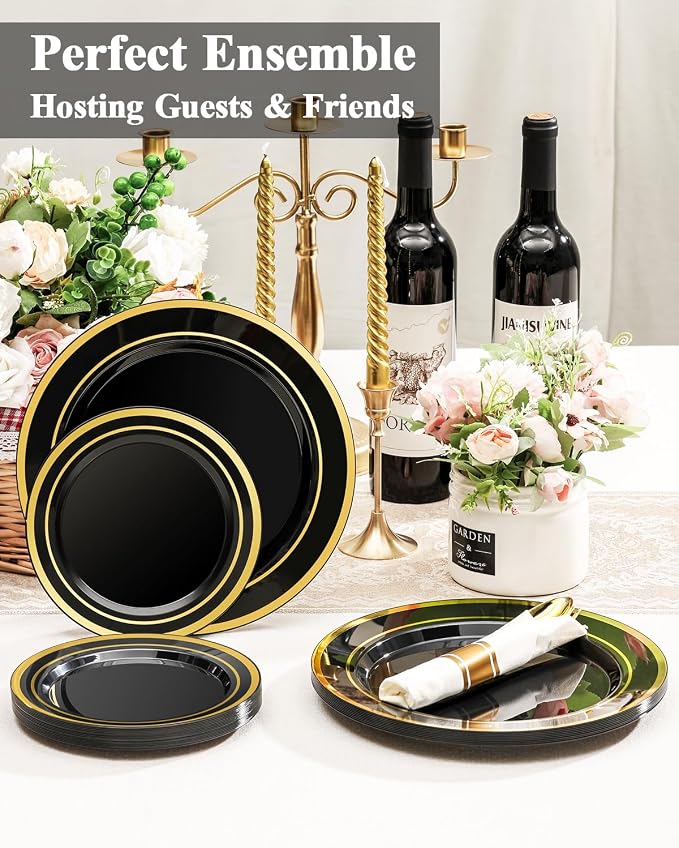 BESTSTAR 100PCS Black Plastic Plates Set with Gold Rim, 50 10.25 inch Dinner Plates and 50 7.5 inch Dessert Plates, Premium Disposable Plates forfor Party, Wedding, Holiday