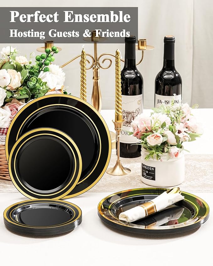 BESTSTAR 200PCS Black Plastic Plates Set with Gold Rim, 100 10.25 inch Dinner Plates and 100 7.5 inch Dessert Plates, Premium Disposable Plates forfor Party, Wedding, Holiday