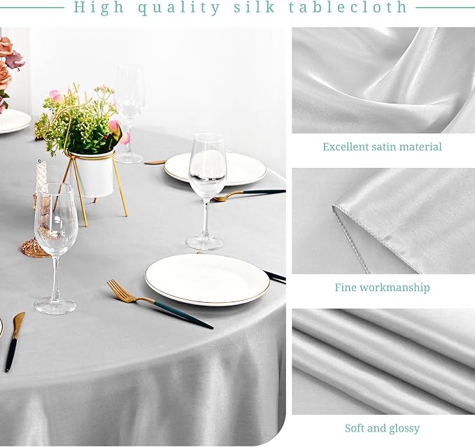 12 Pack 120 Inch Round Tablecloth, Silver Satin Fabric Table Cloth for Round Table, Wrinkle Resistant Washable Table Cover Bright Silk Table Clothes for Wedding Party Dining Table Banquet