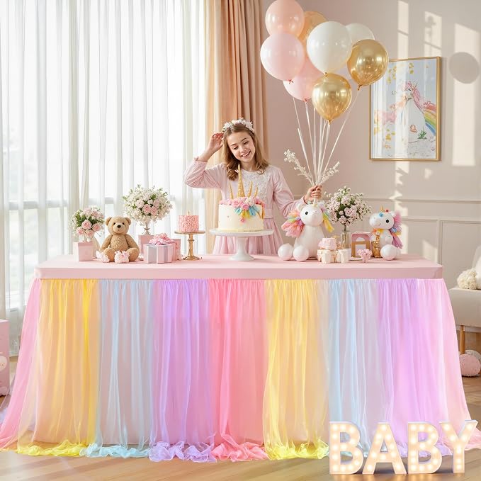 Rainbow Tablecloth Rectangle 8 Foot Elastic Tulle Ruffle Fitted Tablecloths Rectangular Stretch Spandex Table Covers 8ft Baby Shower Birthday Wedding Party Pastel Table Cloths with Skirt